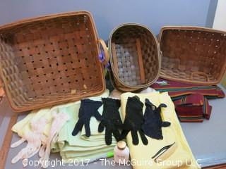 Collection including baskets (note damage to handles), linens, vintage Revlon buffer, Empirin compound bottle and ladies dress gloves