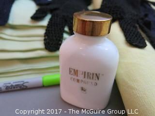 Collection including baskets (note damage to handles), linens, vintage Revlon buffer, Empirin compound bottle and ladies dress gloves