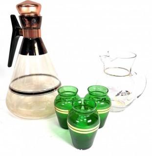 Mid Century Inland Pyrex Coffee Pot, Glass Pitcher and Green Cocktail Glassware