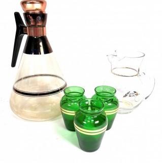 Mid Century Inland Pyrex Coffee Pot, Glass Pitcher and Green Cocktail Glassware