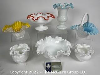 Collection of Milk Glass Ruffle Edge Art Glass Bowls