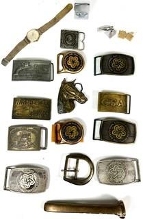 Twelve (12) Belt Buckles, Zippo Lighter, Rail Road Tie and Watch