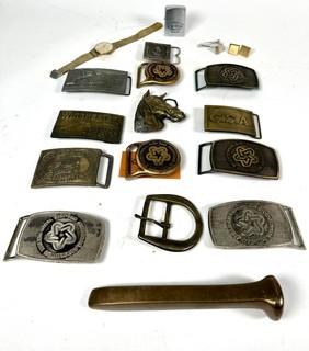 Twelve (12) Belt Buckles, Zippo Lighter, Rail Road Tie and Watch