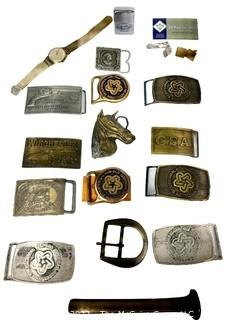 Twelve (12) Belt Buckles, Zippo Lighter, Rail Road Tie and Watch