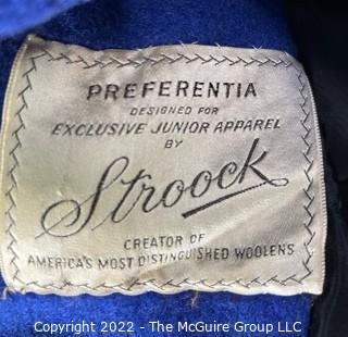 Vintage Stroock Blue Wool Swing Princess Coat With Fur Collar.  Missing Top Button.  Unsized