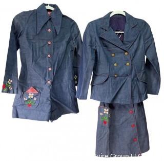 Vintage Retro Embroidered Denim Teens Jacket Skirt and Jump Suit.  Unsized