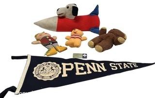 Penn State Felt Pennant, Dapper Dan Dress Me Doll, Snoopy Plush Doll, Teddy Bear and Winnie the Pooh. 
