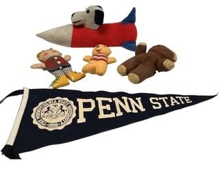 Penn State Felt Pennant, Dapper Dan Dress Me Doll, Snoopy Plush Doll, Teddy Bear and Winnie the Pooh. 
