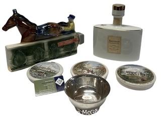 Two Liquor Decanters, Three English Victorian Ceramic Wall Plaques and Silver Plated Serving Bowl