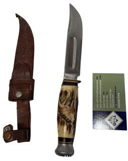 Vintage Kronenkrebs Solingen Germany Sheath Knife With Carved Antler Handle and Tooled Sheath