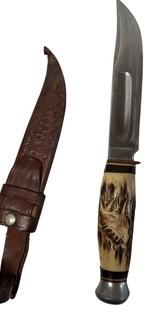 Vintage Kronenkrebs Solingen Germany Sheath Knife With Carved Antler Handle and Tooled Sheath