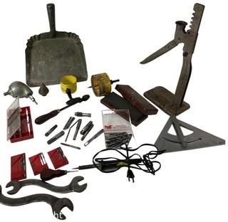 Assortment of hand tools: Hand Drill; wrenches; drills; tap/dies; jack; sharpening stone; right-angle drill; dust pan; etc