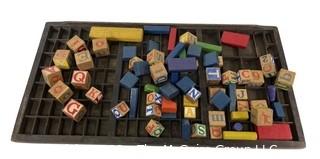 Group of Wooden Alphabet Blocks and Type Set Tray. 