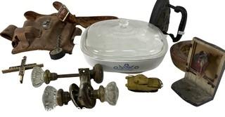 Corning Ware Casserole w/lid, Glass Door Knobs, Horse Bookend, Utility Belt and SAD Iron