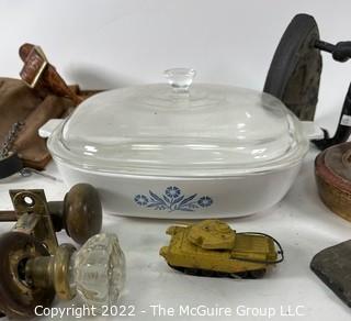 Corning Ware Casserole w/lid, Glass Door Knobs, Horse Bookend, Utility Belt and SAD Iron