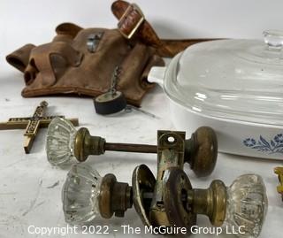 Corning Ware Casserole w/lid, Glass Door Knobs, Horse Bookend, Utility Belt and SAD Iron