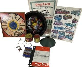 Eclectic collection including game board, tobacco tin, swizzle sticks, tin lampshade, hat stands, hand painted toleware serving tray, 1969 Wakefield High School Yearbook and train ephemera