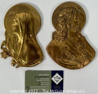 Two (2) Religious Brass Metal Wall Plaques of Jesus and Mary Marked LVA 1924 