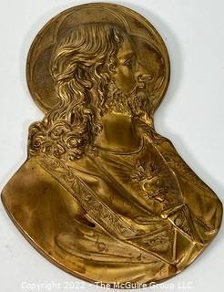 Two (2) Religious Brass Metal Wall Plaques of Jesus and Mary Marked LVA 1924 