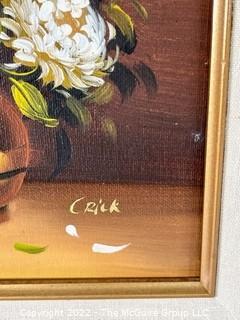 Framed Oil on Board Still Life of Flower in Vase Signed by Artist Crick. 15" x 17".