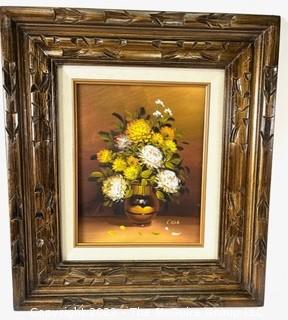 Framed Oil on Board Still Life of Flower in Vase Signed by Artist Crick. 15" x 17".