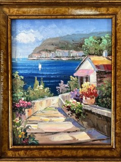 Framed Oil on Canvas Greek Landscape of Coast.  13" x 15".  