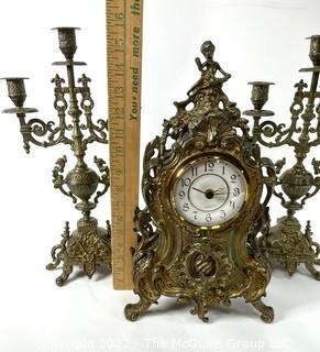 Renaissance Revival Style Gilt Bronze Mantel Set Including Clock & Two Three Light Candelabra 