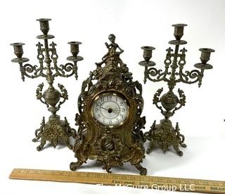 Renaissance Revival Style Gilt Bronze Mantel Set Including Clock & Two Three Light Candelabra 