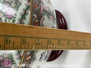 Vintage Chinese Porcelain Rose Medallion Bowl Labeled Andrea By Sadek on Carved Base.  12" in diameter