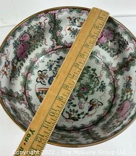 Vintage Chinese Porcelain Rose Medallion Bowl Labeled Andrea By Sadek on Carved Base.  12" in diameter