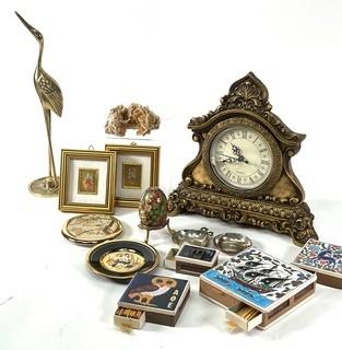 Decorative Items Including Match Holders, Mantle Clock, Brass Crane, Etc