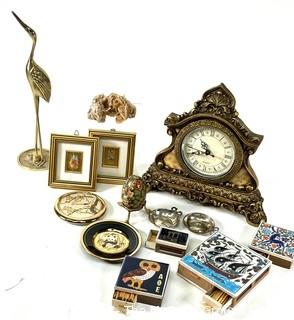 Decorative Items Including Match Holders, Mantle Clock, Brass Crane, Etc