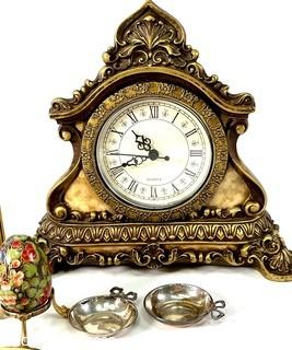 Decorative Items Including Match Holders, Mantle Clock, Brass Crane, Etc