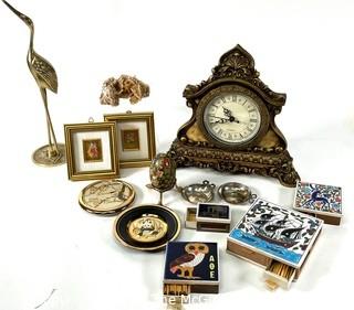 Decorative Items Including Match Holders, Mantle Clock, Brass Crane, Etc