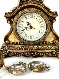 Decorative Items Including Match Holders, Mantle Clock, Brass Crane, Etc