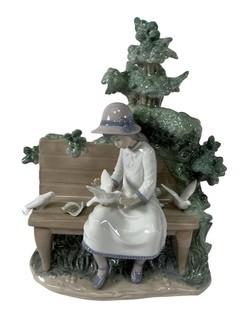 N.A.O. Lladro Girl on Bench with Feeding Birds Figurine, 1983