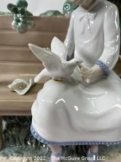 N.A.O. Lladro Girl on Bench with Feeding Birds Figurine, 1983