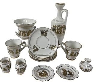 Group of White Made in Greece Terracotta 24K Gold Decorated Set of Serving and Decorative Pieces   