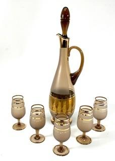 Mid Century Bohemian Czech Smoke Glass with Gold Decanter & 5 Stemmed Cordial Shot Glasses