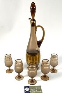 Mid Century Bohemian Czech Smoke Glass with Gold Decanter & 5 Stemmed Cordial Shot Glasses