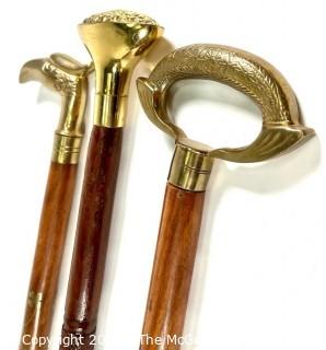 Three (3) Wood Walking Canes Sticks with Brass Handles