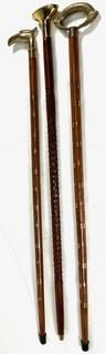 Three (3) Wood Walking Canes Sticks with Brass Handles