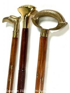 Three (3) Wood Walking Canes Sticks with Brass Handles