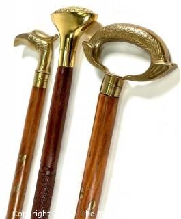 Three (3) Wood Walking Canes Sticks with Brass Handles