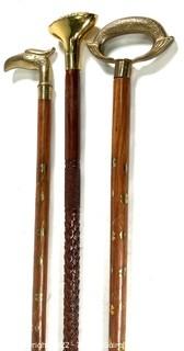 Three (3) Wood Walking Canes Sticks with Brass Handles