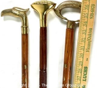 Three (3) Wood Walking Canes Sticks with Brass Handles