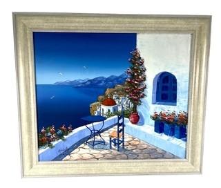 Framed Oil On Canvas of Greek Harbor Scene from Patio Signed by Artist.  