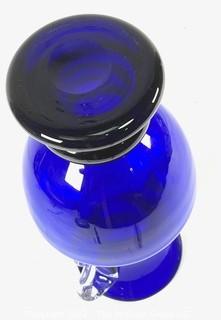 Large Cobalt Blue Glass Vase with Clear Scroll Handles.  12" tall