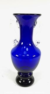 Large Cobalt Blue Glass Vase with Clear Scroll Handles.  12" tall