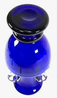 Large Cobalt Blue Glass Vase with Clear Scroll Handles.  12" tall